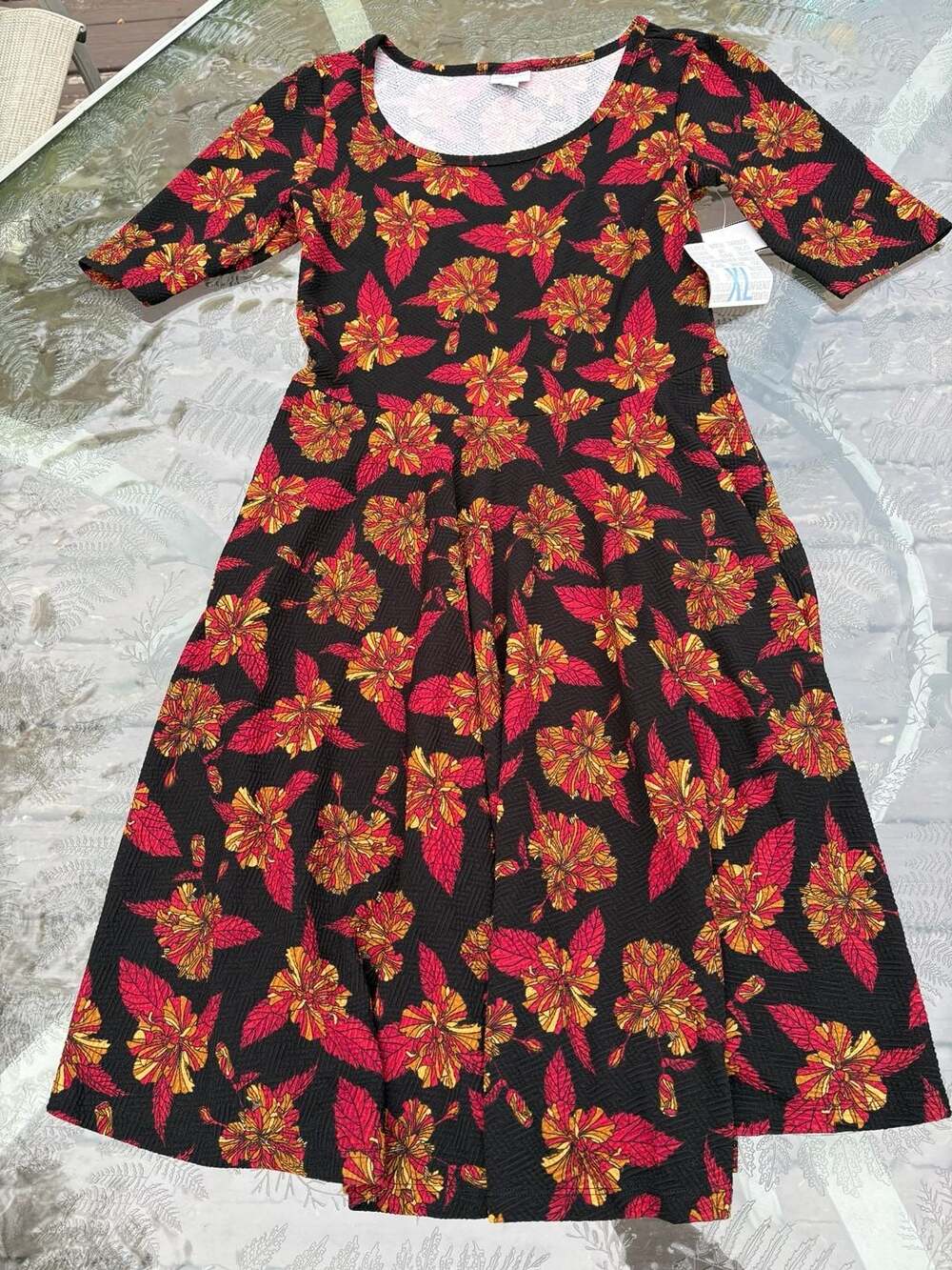 LuLaRoe Nicole Dress Black Floral Red and Yellow Leaf Print Size XL